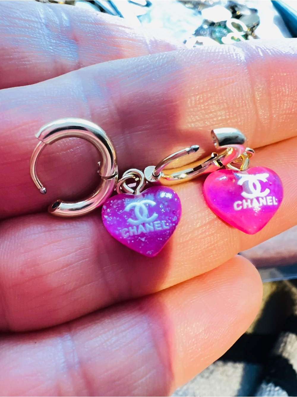 Unbranded Fashion upcycled Pink Heart Charm Hoop Earrings mini